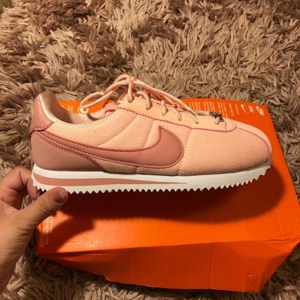 Baby pink Nike Cortez, corduroy material with suede. Size 4.5 youth fits 5.5 wom